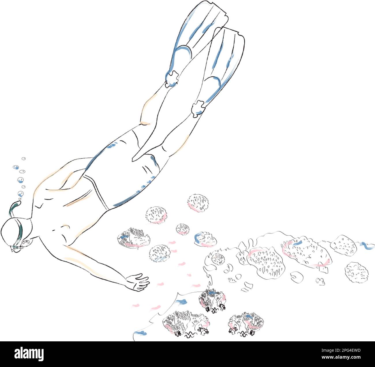 Uomo nuoto subacquea esperienza di immersione Vector sketch Illustrazione Vettoriale