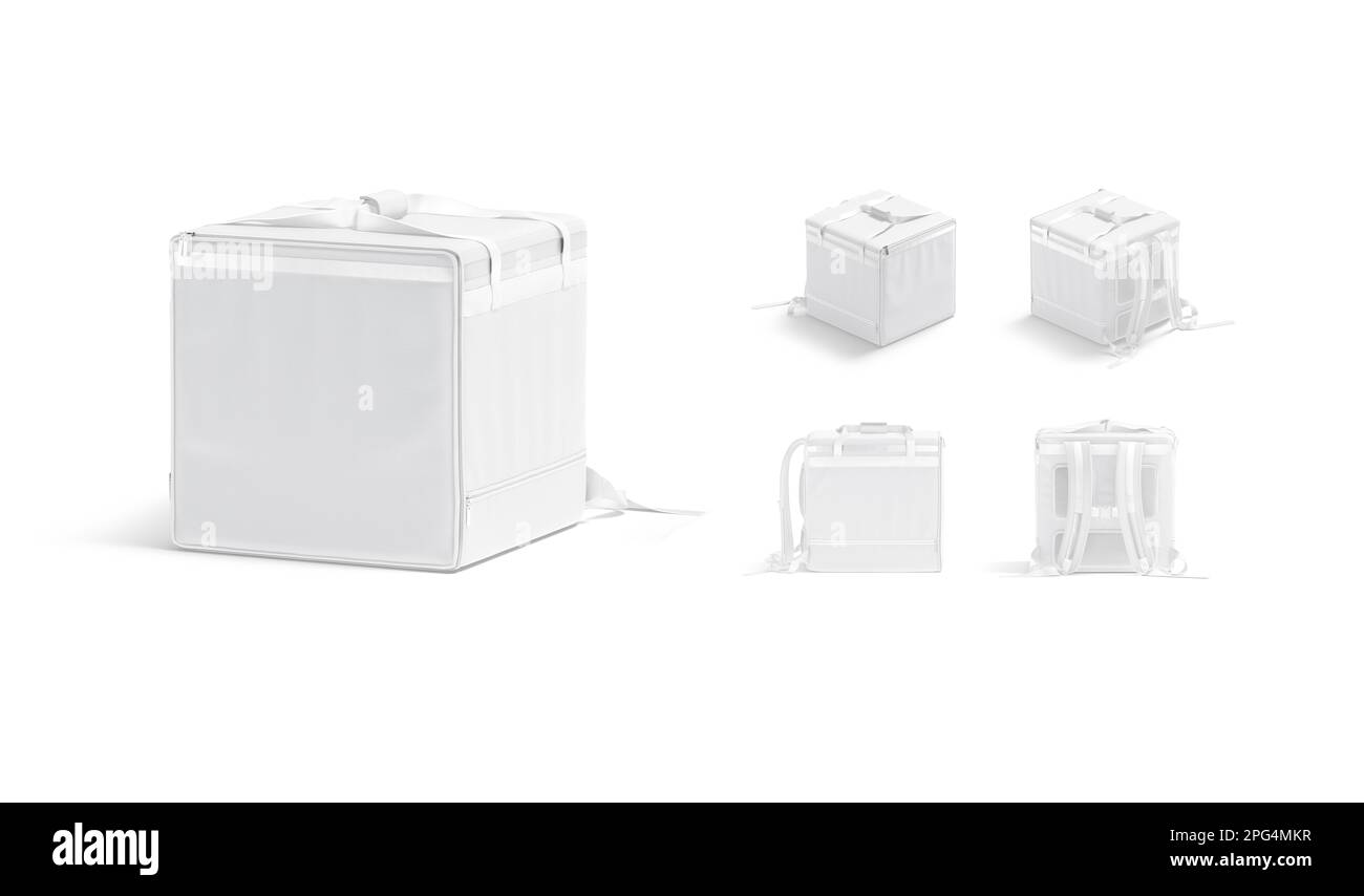 Borsa di consegna bianca vuota con mockup a tracolla, viste diverse Foto Stock