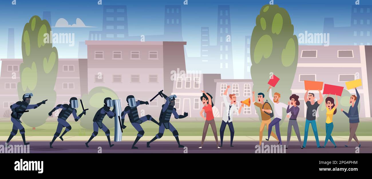 Dimostrazione aggressiva. Squadra di polizia in uniforme disperdere la folla esatta sfondo vettoriale in stile cartone animato Illustrazione Vettoriale