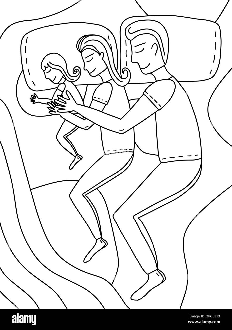 Carino giovane famiglia che dorme con bambino a letto Illustrazione Vettoriale