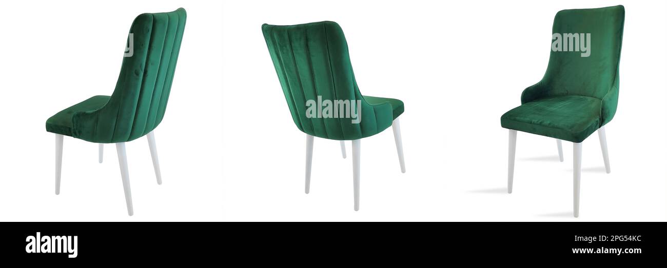 Sedia verde singola, sedia verde singola in legno ad angoli diversi, isolata su sfondo bianco. Primo piano. Foto Stock