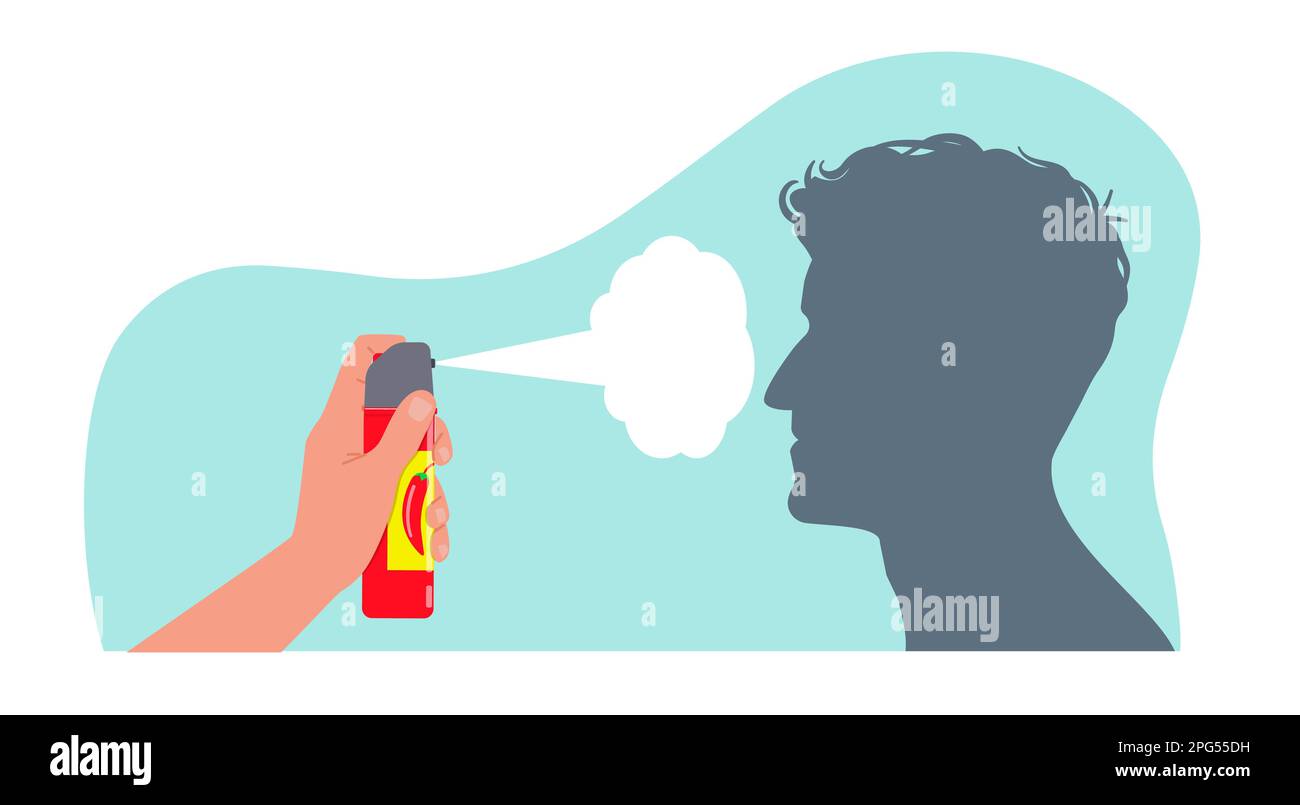 Pepe spray come mezzo di autodifesa. attrezzatura di sicurezza, sicurezza personale, segnale di gas lacrimogeno. Pedaggi per armare contro banditi e hooligan. Cartone animato Illustrazione Vettoriale