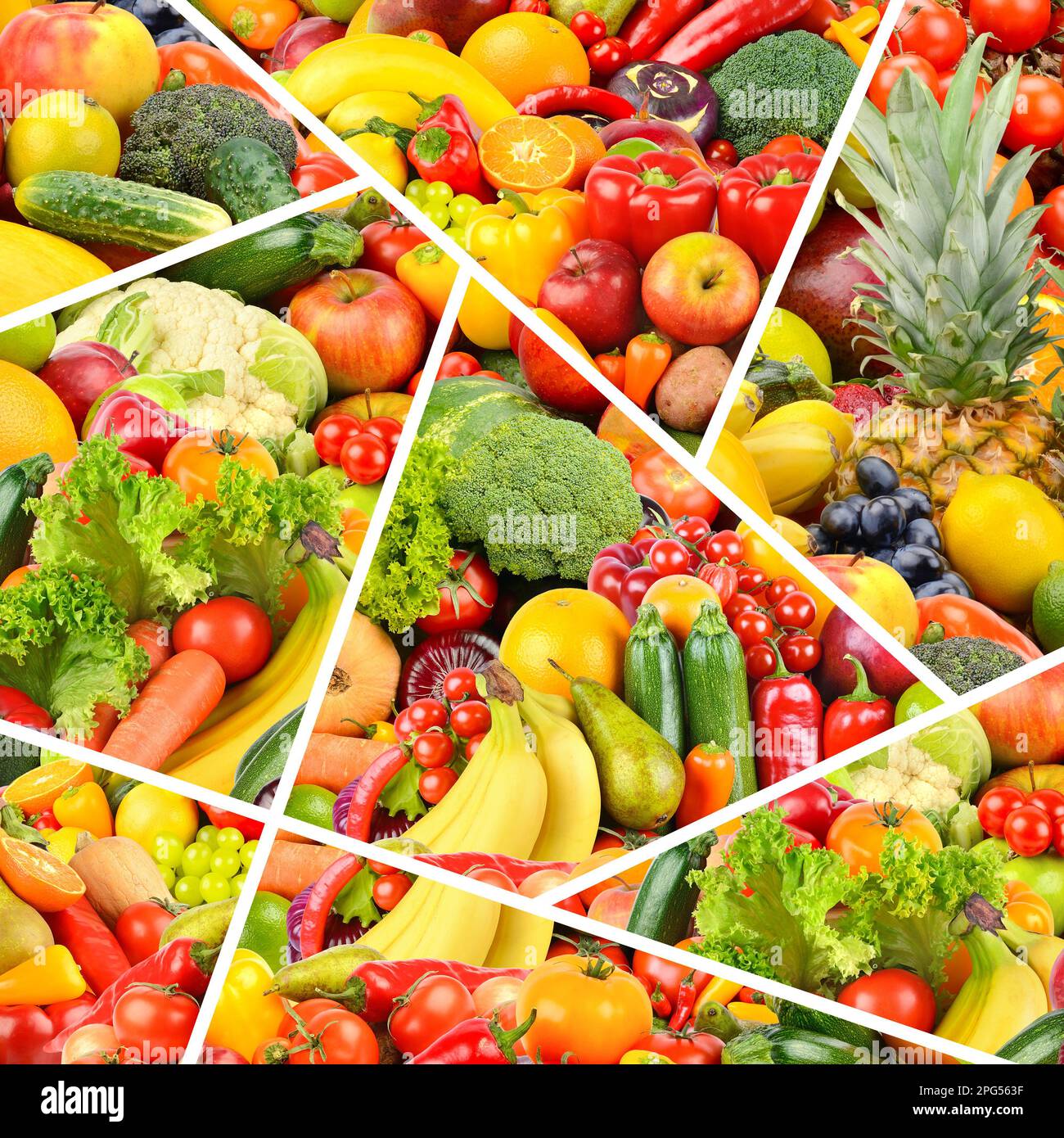 Bella struttura sana multicolore frutta, verdura e frutti di bosco separati da linee bianche. Foto Stock