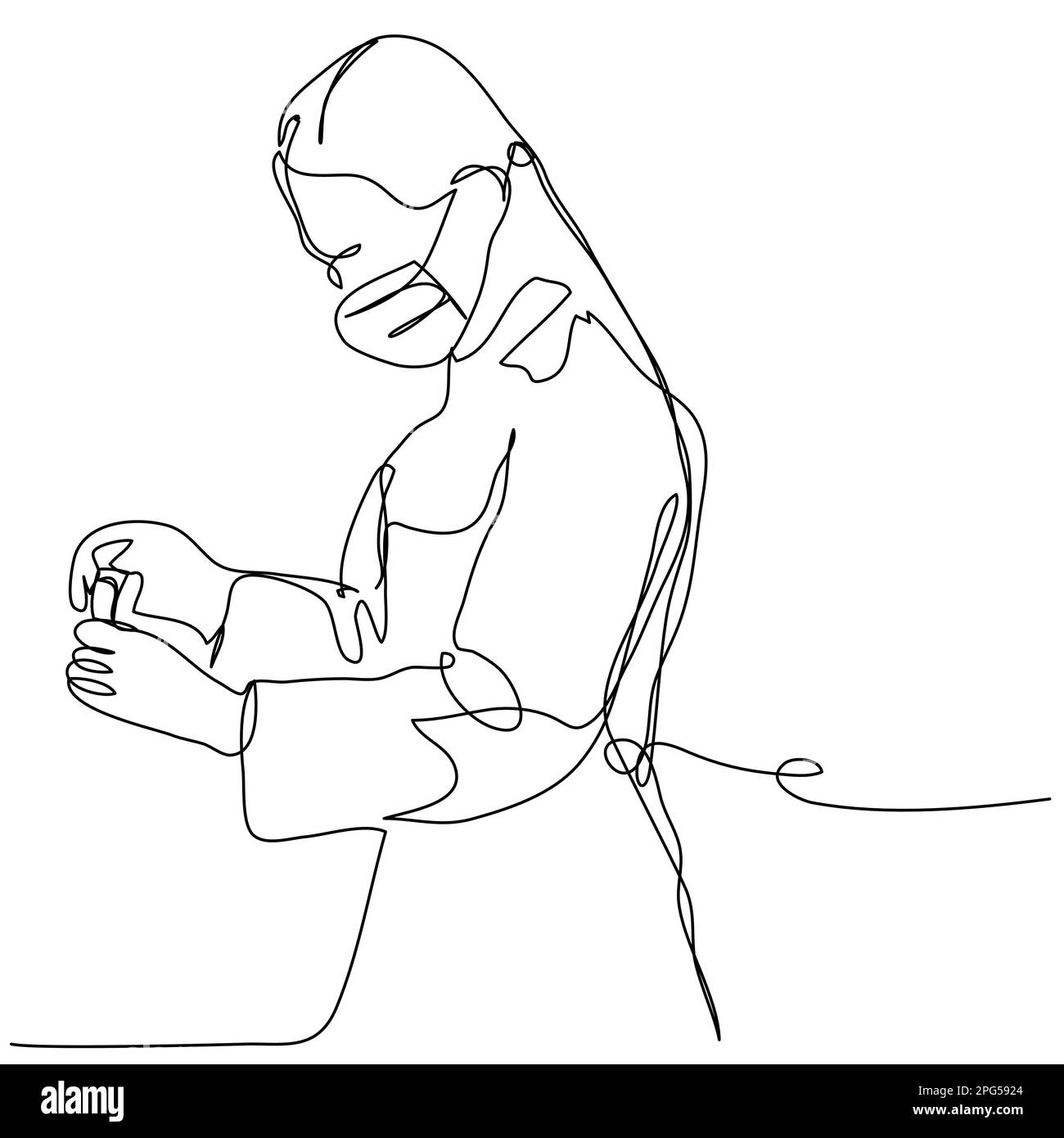 Donna medico in una maschera protettiva tiene il farmaco in una linea su uno sfondo bianco. Illustrazione Vettoriale