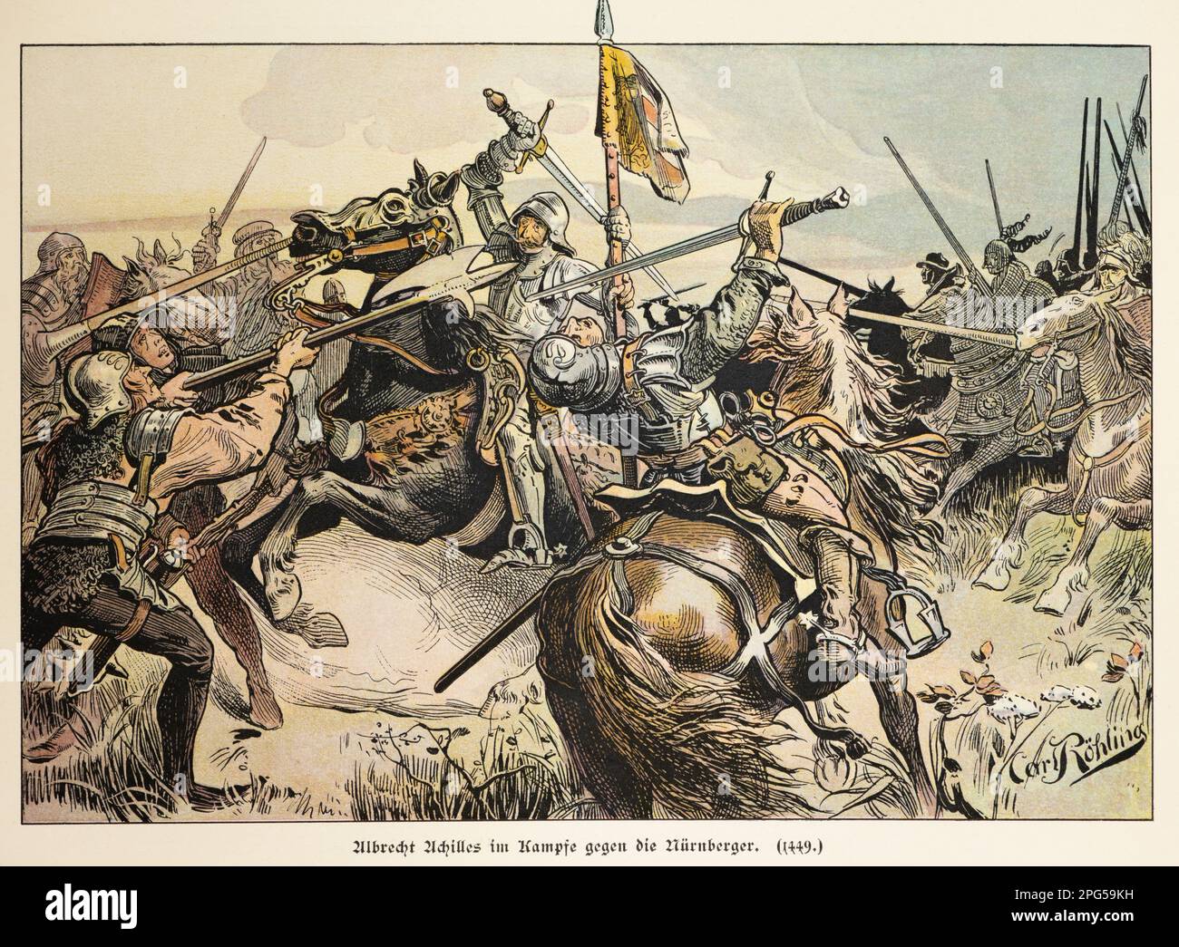 Albrecht Achilles combattendo i suoi vicini, le truppe di Norimberga nel 1449, storia degli Hohenzollern, Prussia, illustrazione storica 1899 Foto Stock