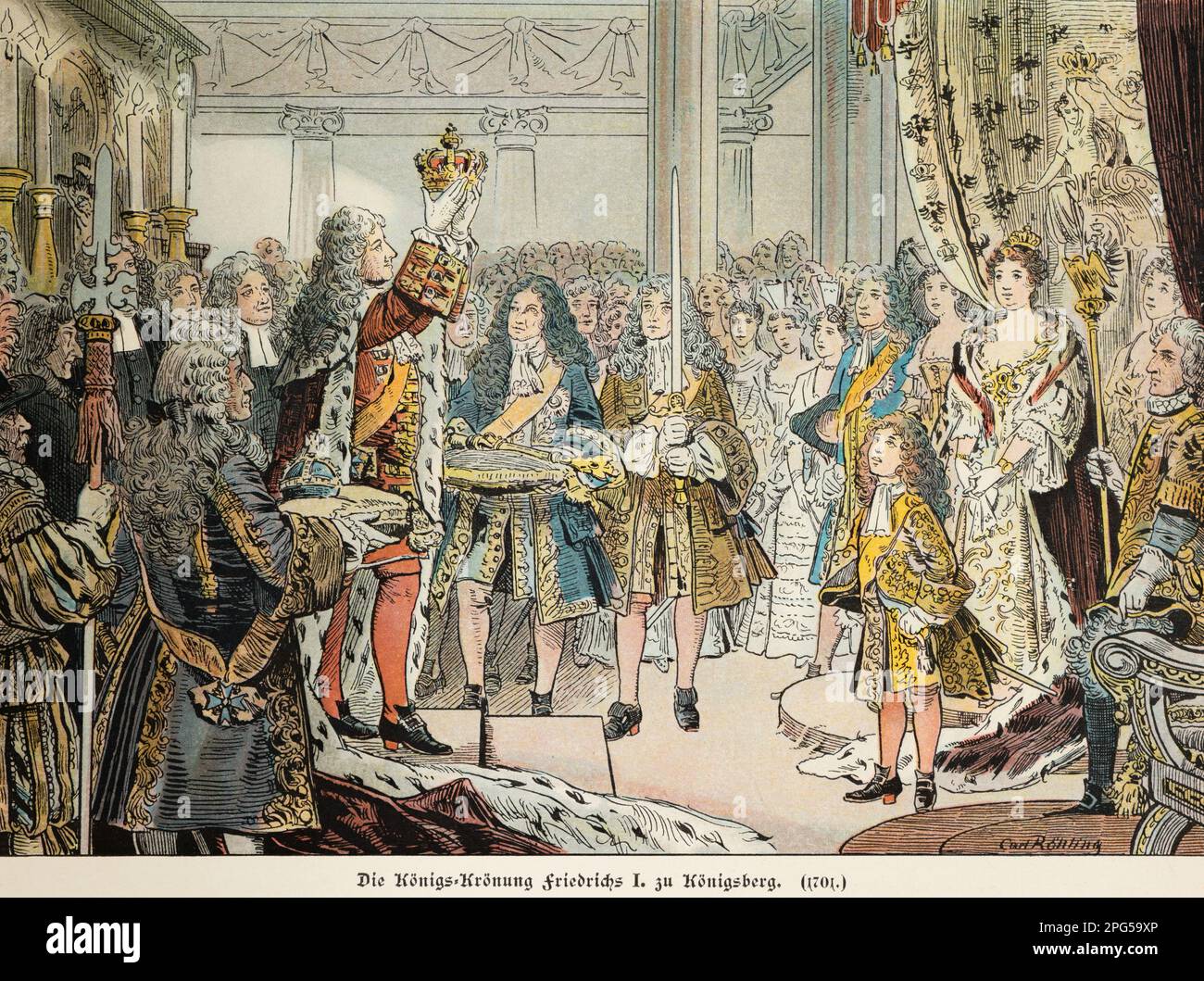 Friedrich i incoronò re a Köningsberg nel 1701, storia degli Hohenzollern, illustrazione storica 1899 Foto Stock