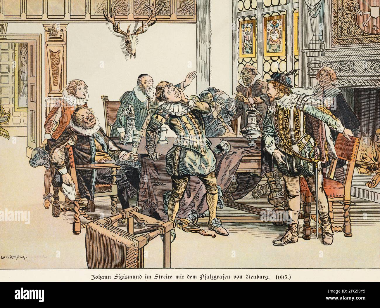 Elector Johann Sigismund argumenting con il palsgravio di Neuburg nel 1613, storia della Hohenzollern, Prussia, illustratin storico 1899 Foto Stock