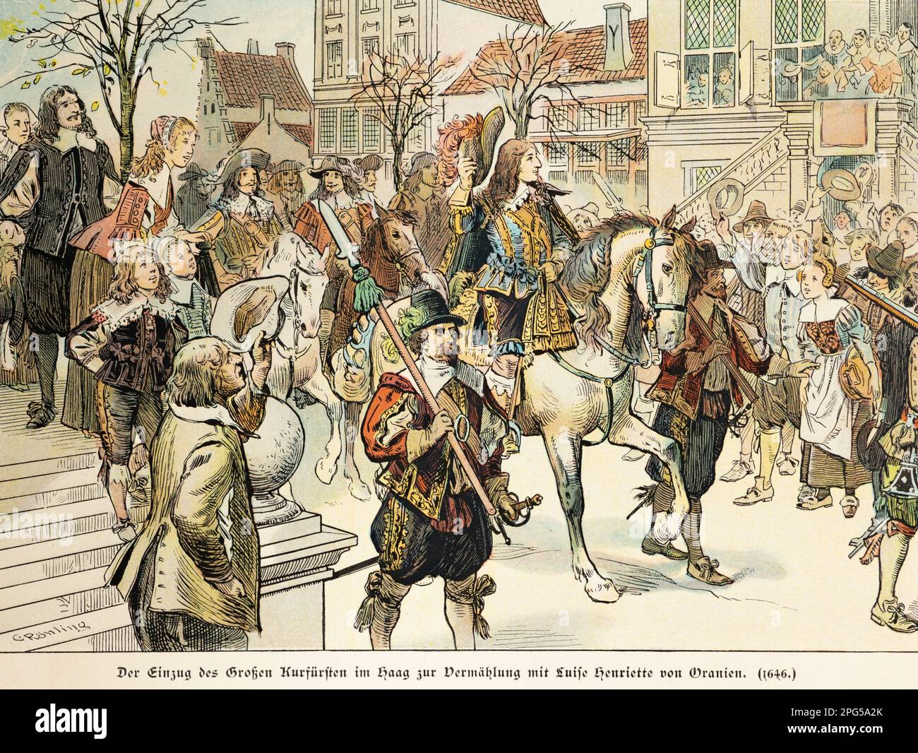 L'elettore Freidrich Wilhelm entra in Haag per sposarsi con Luise Henriette di Orania nel 1646, storia dell'Hohenzollern, illustrazione storica 1899 Foto Stock