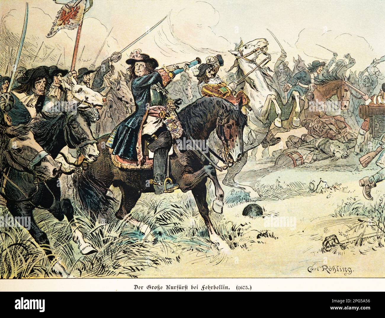 Il Grande Elettore guidò il suo esercito a combattere a Fehrbellin nel 1675, storia degli Hohenzollern, Prussia, illustrazione storica 1899 Foto Stock