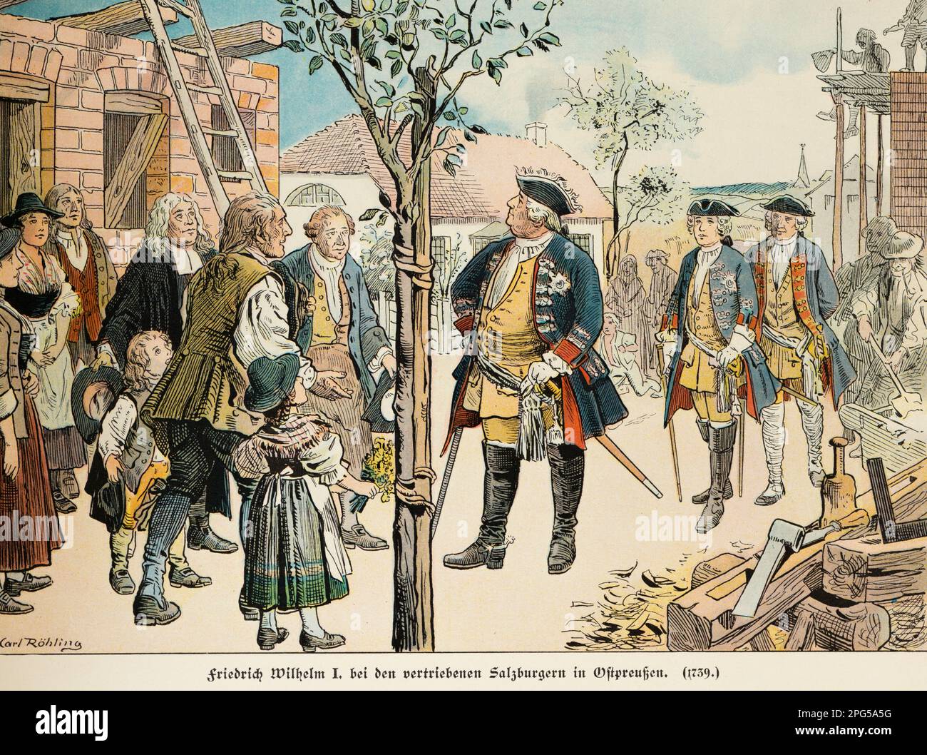 Friedrich Wilhelm a Esat Prussia nel 1739, visiting Citizens expelled from Salzburg, hstory of the Hohenzollern, Prussia, Illustration 1899 Foto Stock