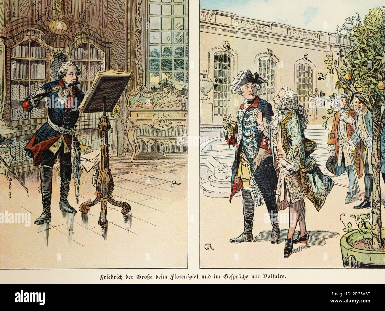 Federico II il Grande suonare il flauto e discutere con il filosofo Voltaire, storia dell'Hohenzollern, Prussia, illustrazione storica 1899 Foto Stock
