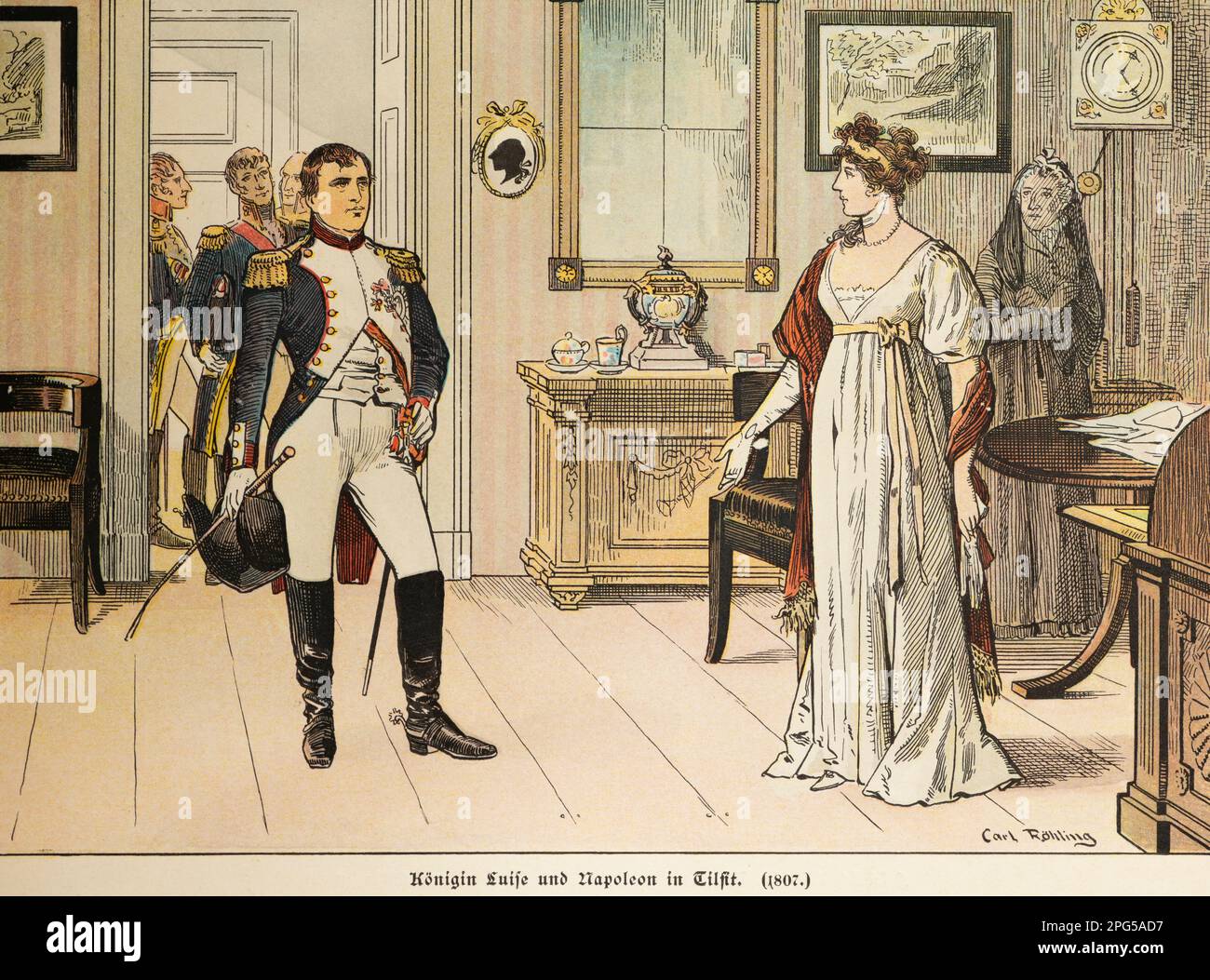 La regina Luise incontra Napoleone a Tilsit 1807, istoria dell'Hohenzollern, Prussia, illustrazione storica 1899 Foto Stock