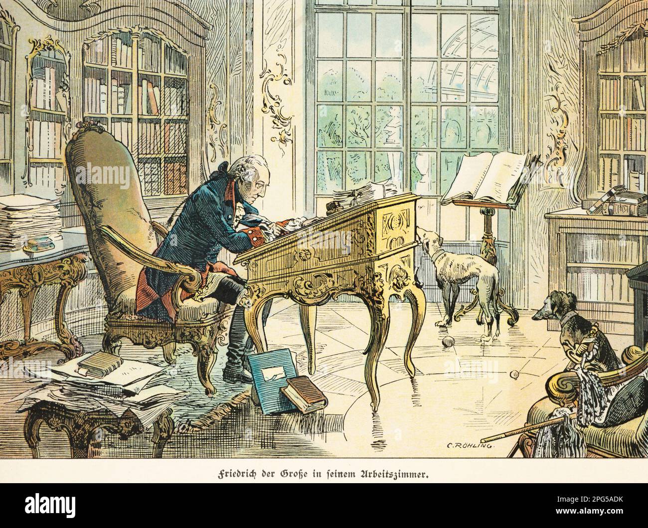 Federico il Grande, Friedrich der Grosse nel suo studio, storia dell'Hohenzollern, Prussia, illustrazione storica 1899 Foto Stock