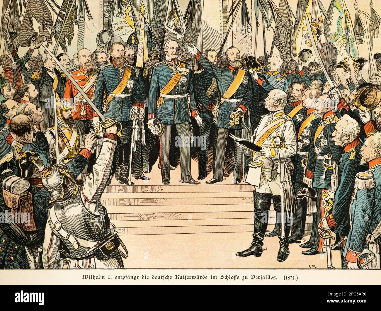 Guglielmo I. incoronato Kaiser tedesco, imperatore tedesco nel Palazzo di Versailles nel 1871, storia dell'Hohenzollern, Prussia, illustrazione storica 1899 Foto Stock