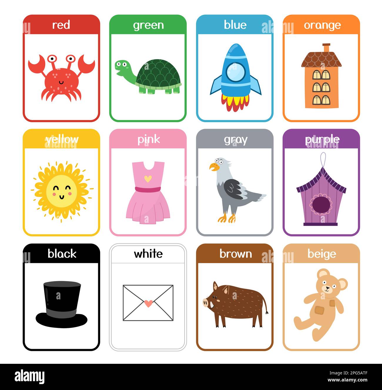 Collezione di flashcards colorati con animali carini. Nomi di colori e immagini impostati per preschool Illustrazione Vettoriale