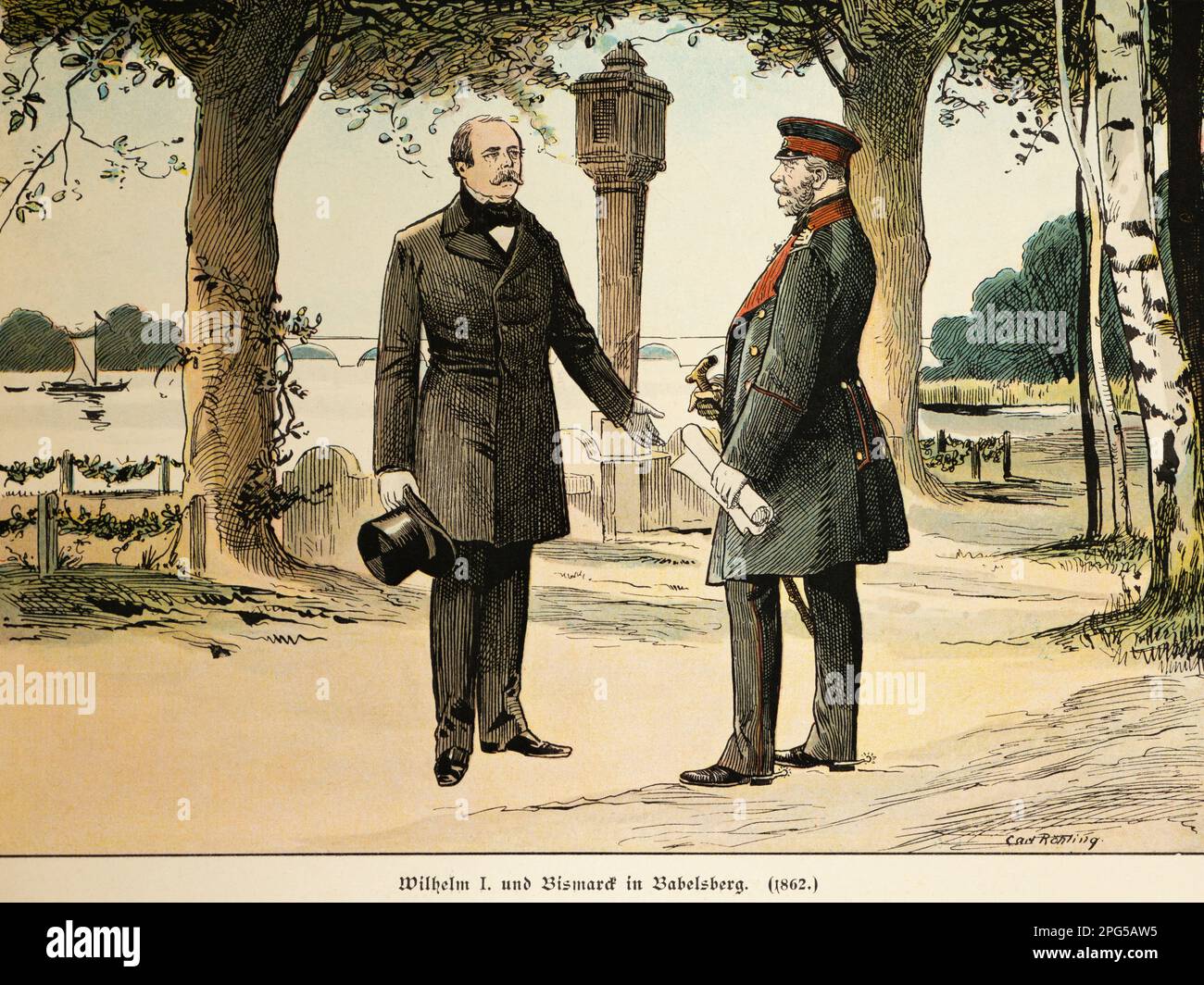 Re Guglielmo i di Prussia, Koenig Wilhelm i incontra Bismarck a Babelsberg, Berlino, storia dell'Hohenzollern, Prussia, illustrazione storica 1899 Foto Stock
