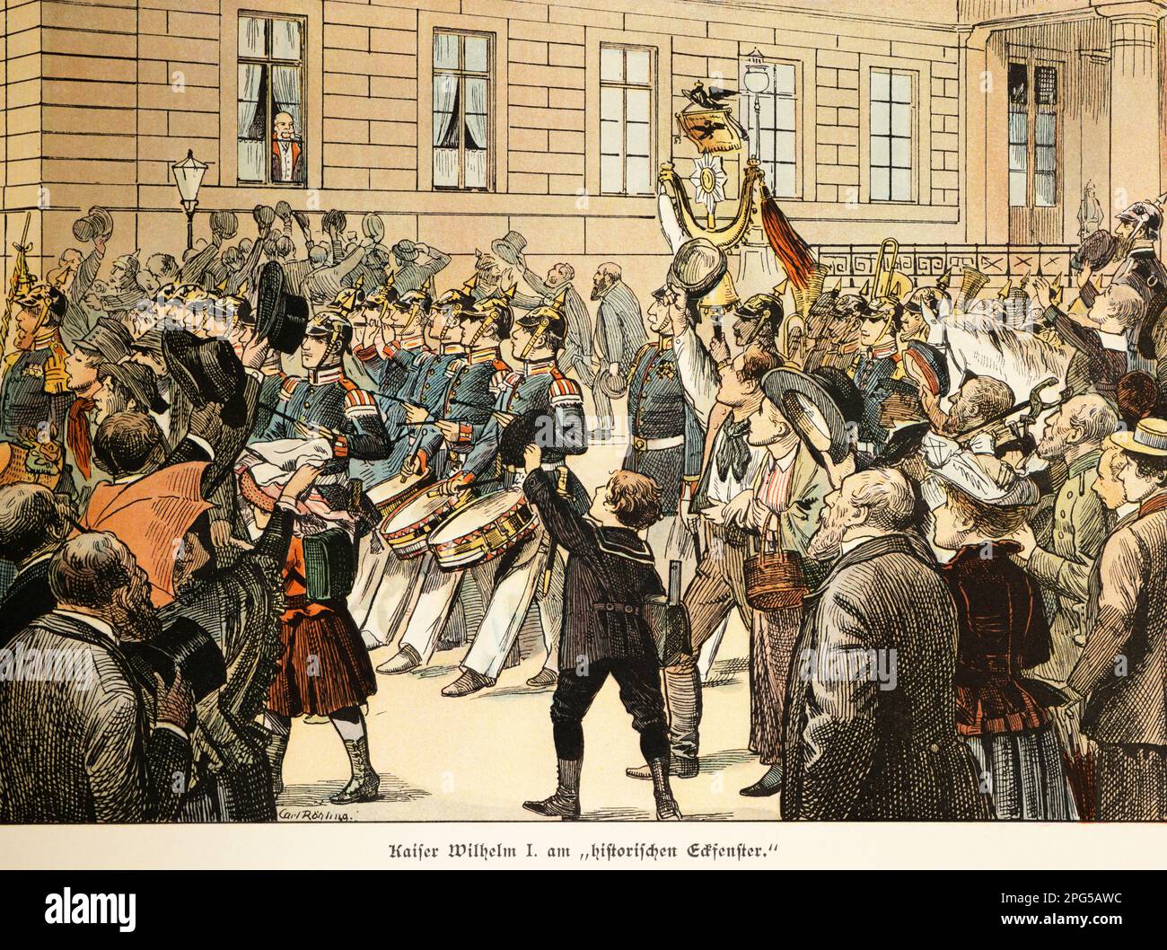 Imperatore Guglielmo i, Kaiser Guglielmo i alla sua storica finestra d'angolo, storia dell'Hohenzollern, Prussia, illustrazione storica 1899 Foto Stock