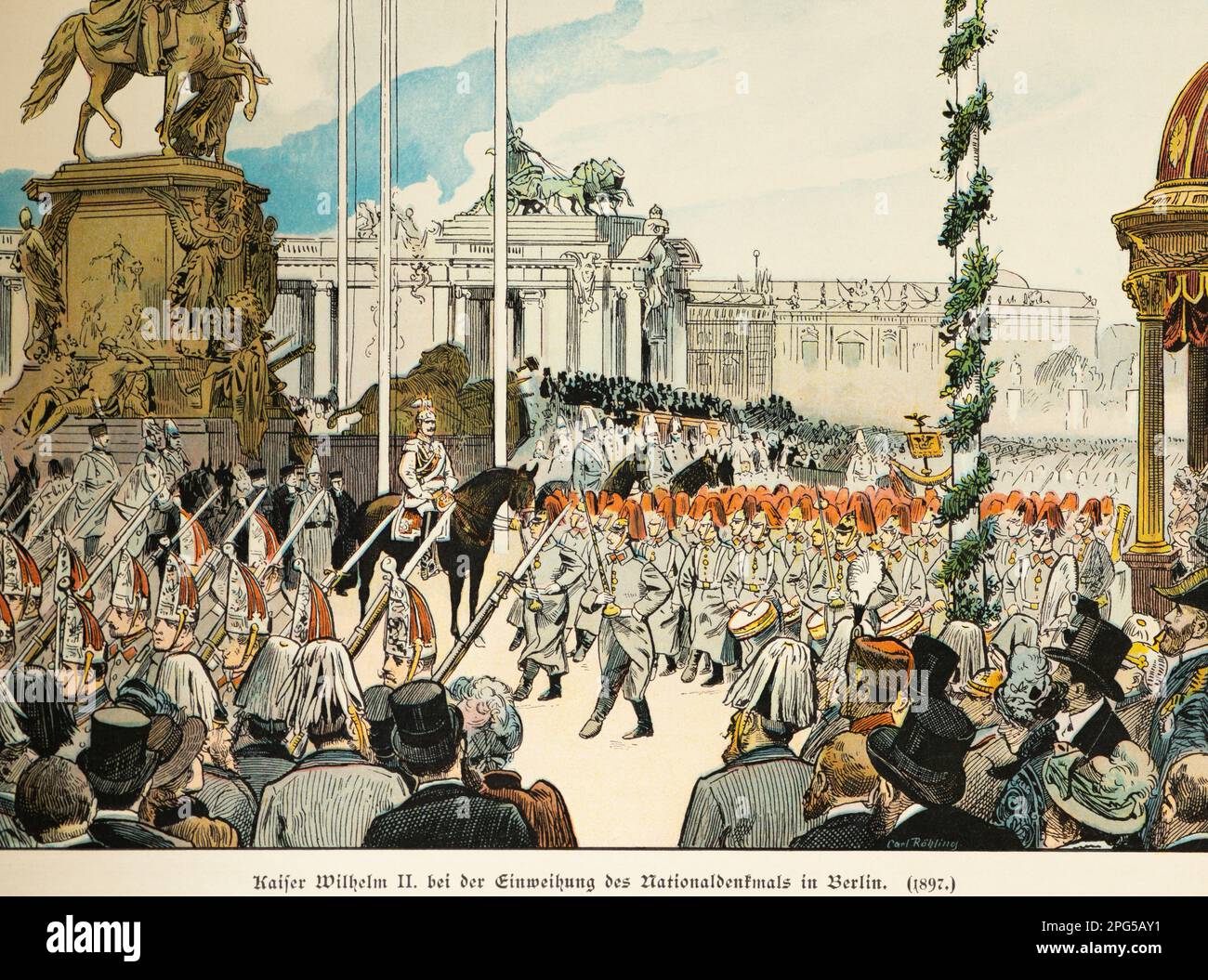 Imperatore Guglielmo i inaugura il Monumento Nazionale a Berlino 1897, storia dell'Hohenzollern, Reich tedesco, illustrazione storica 1899 Foto Stock