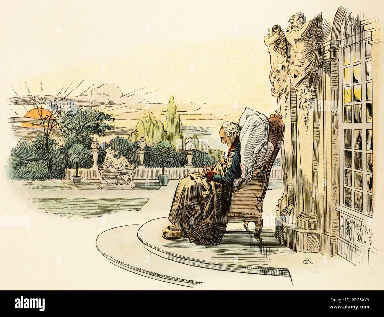 Il vecchio Guglielmo II il Grande, Friedrich der Grosse al suo palazzo Sanssouci, Potsdam, storia dell'Hohenzollern, Prussia, illustrazione storica 1899 Foto Stock