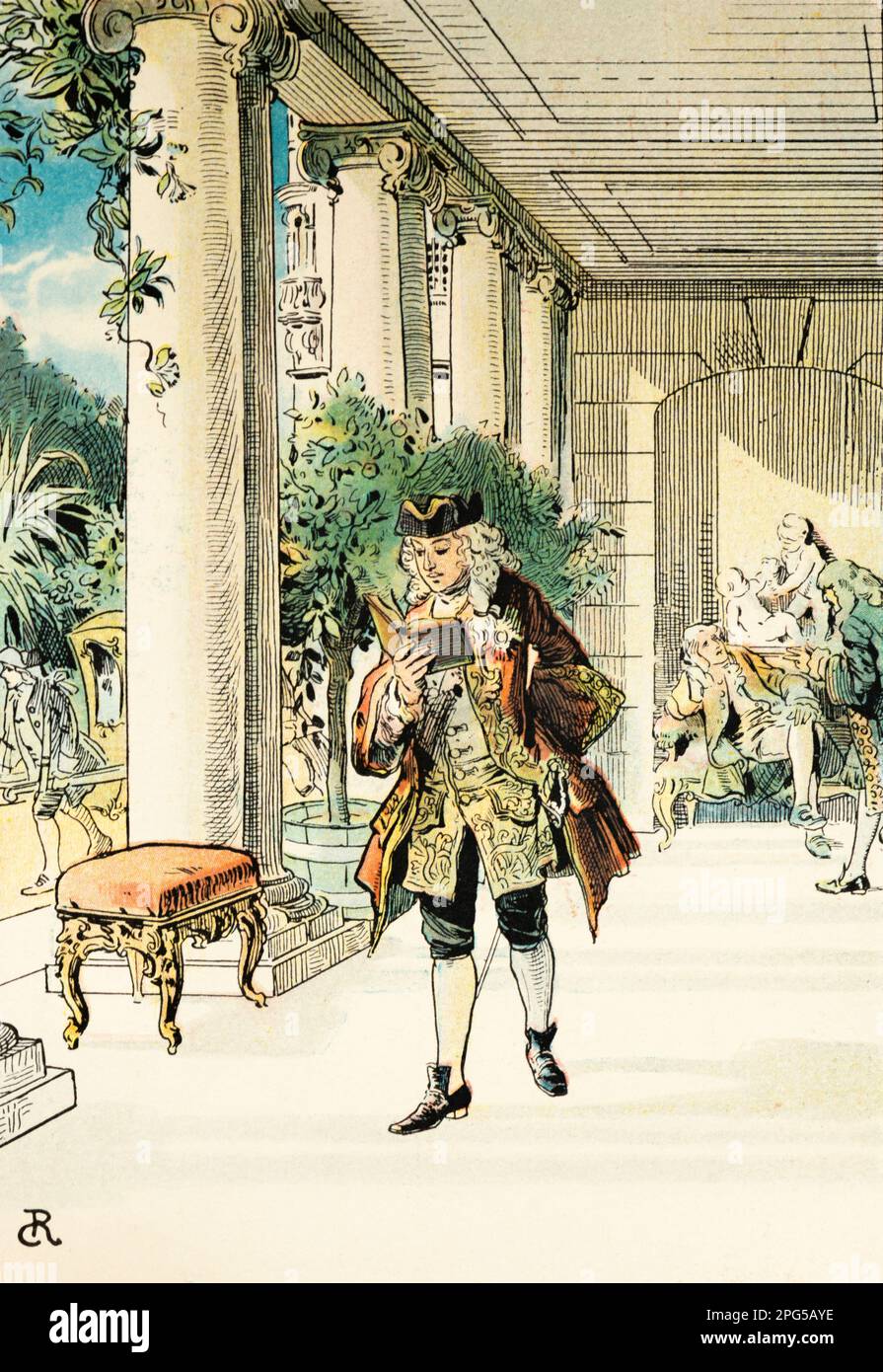 Federico II il Grande allora principe reale camminare e leggere a Rheinsberg, storia dell'Hohenzollern, Prussia, illustrazione storica 1899 Foto Stock