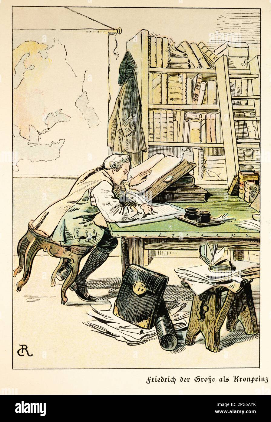 Federico II il Grande allora principe reale scrivendo e studiando a Kuestrin, storia dell'Hohenzollern, Prussia, illustrazione storica 1899 Foto Stock