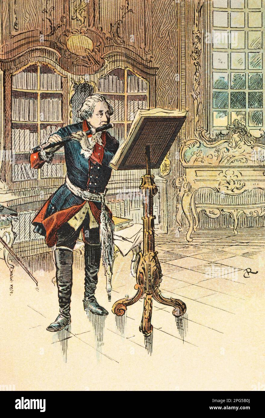 Federico II il Grande che suona il flauto, il suo strumento preferito, storia dell'Hohenzollern, Prussia, illustrazione storica 1899 Foto Stock