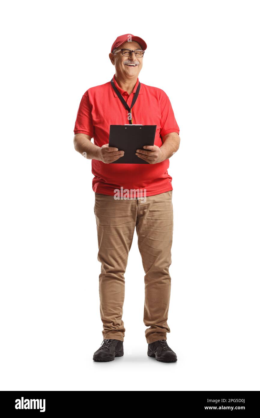 Lavoratore di vendite di sesso maschile maturo in possesso di una clipboard isolato su sfondo bianco Foto Stock