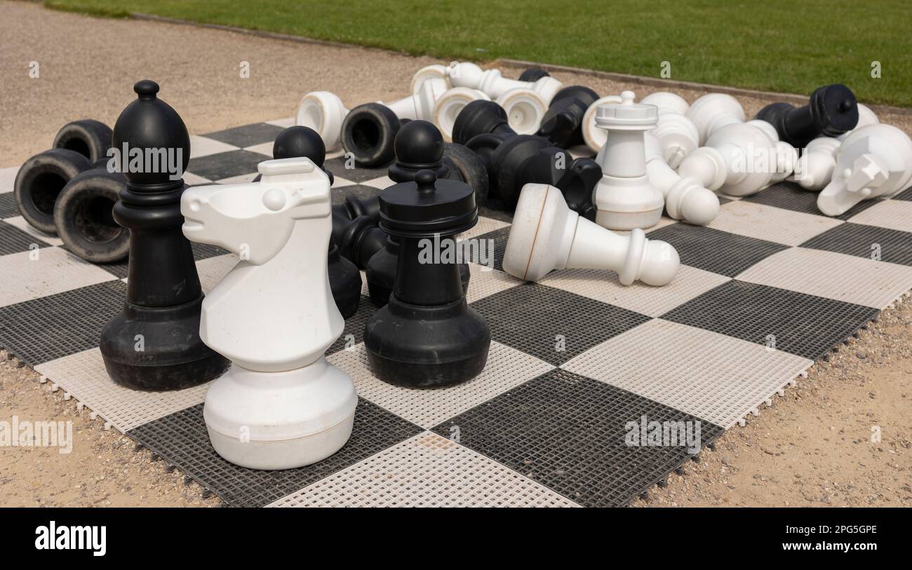 Scacchiera e pezzi di scacchi sull'erba nel giardino, giocando pezzi di scacchi in legno, business teamwork competizione giochi concetto, mano di leadership di bu Foto Stock