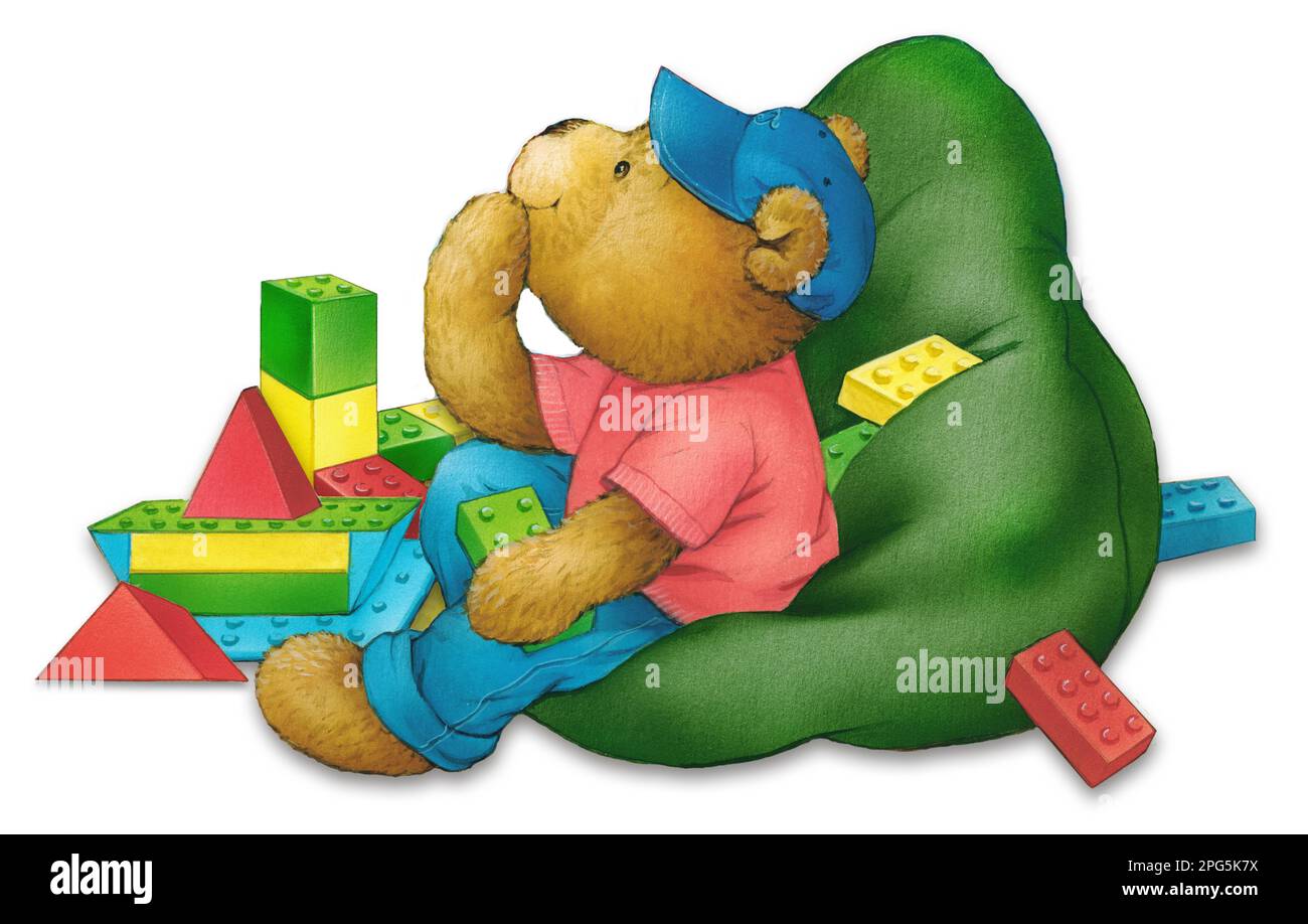 Bambino-teddyin beanbag pensando a lego buid Foto Stock