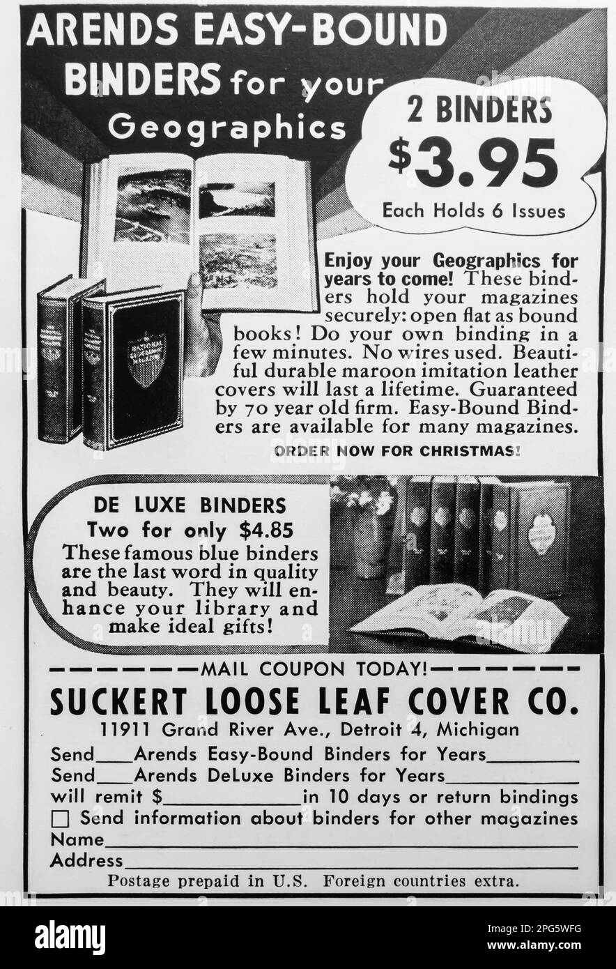 Arends Easy-bound binders pubblicità in una rivista NatGeo, dicembre 1956 Foto Stock