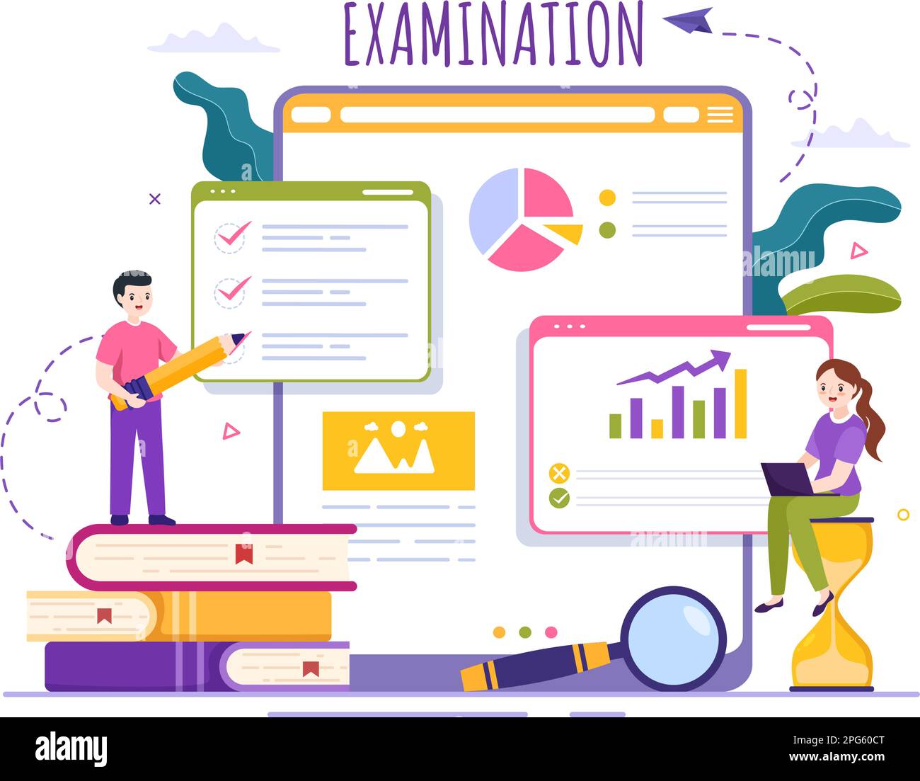 Illustrazione della carta d'esame con esame, modulo, risposte di carte, questionario o quiz su Internet in cartoon piano disegnato a mano per i modelli di landing page Illustrazione Vettoriale