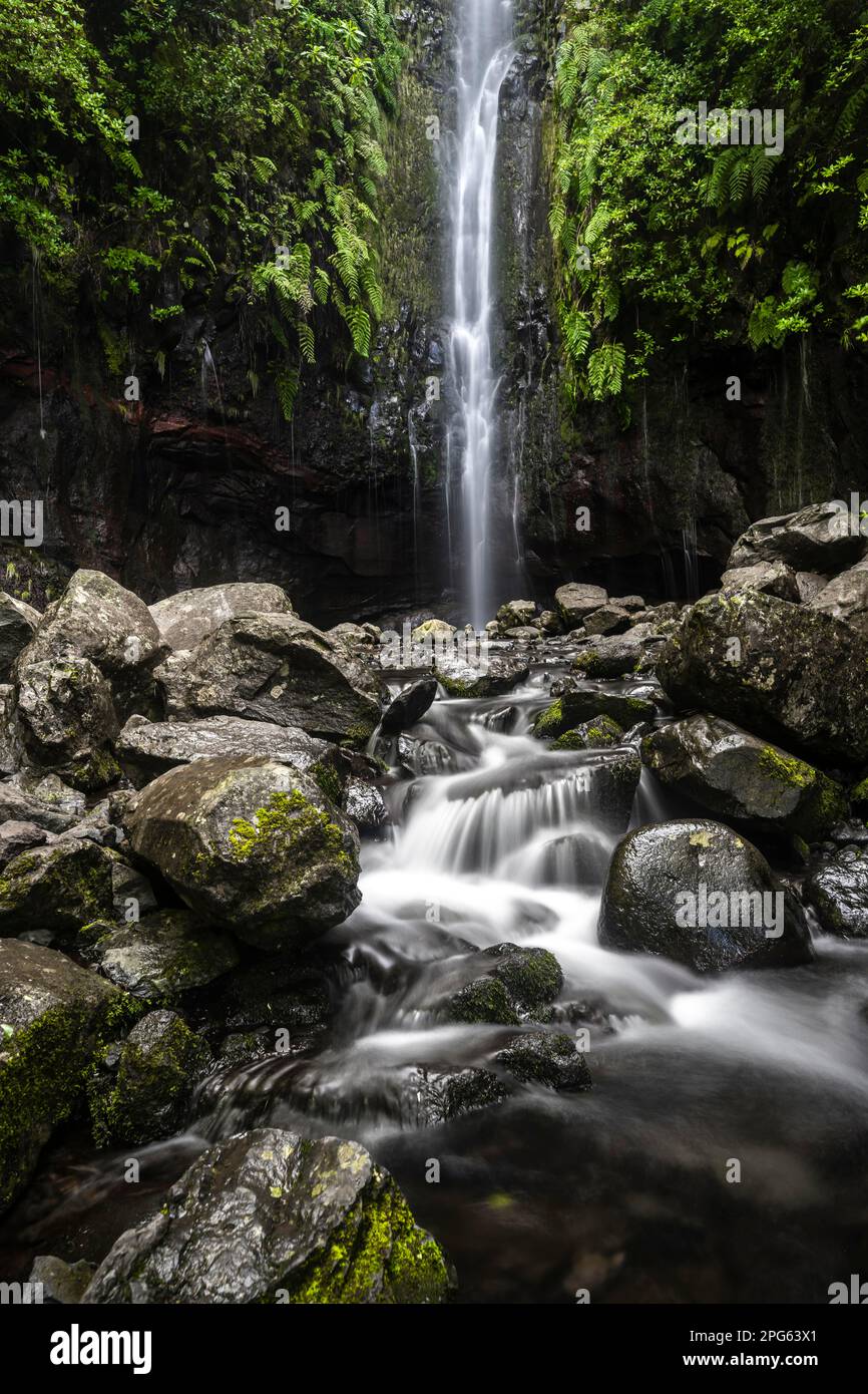 Fiume e cascata Cascata das 25 Fontes, esposizione lunga, Rabacal, Paul da Serra, Madeira, Portogallo Foto Stock