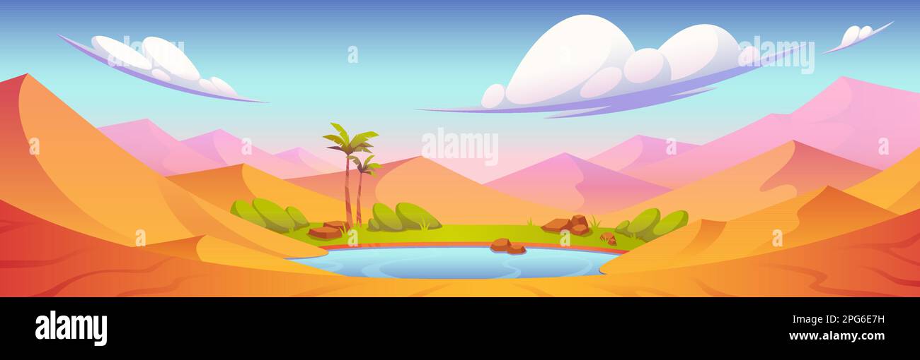 Paesaggio desertico con oasi con palme, lago e erba. Scena del Sahara egiziano con dune di sabbia, stagno con acqua blu e piante verdi, illustrazione vettoriale dei cartoni animati Illustrazione Vettoriale