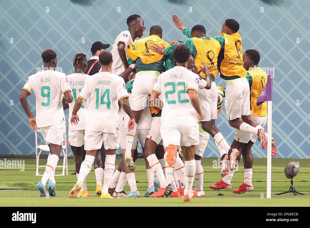 Al Rayyan, Qatar. 29th Nov 2022. I giocatori di calcio senegalesi festeggiano il raggiungimento di un gol durante la partita della Coppa del mondo FIFA Qatar 2022 tra Ecuador e Senegal allo stadio internazionale Khalifa. Punteggio finale; Ecuador 1:2 Senegal. (Foto di Grzegorz Wajda/SOPA Images/Sipa USA) Credit: Sipa USA/Alamy Live News Foto Stock