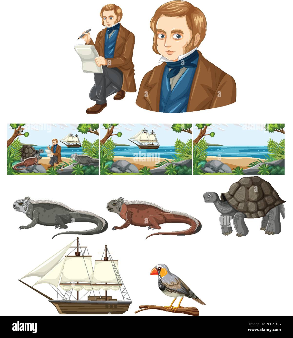 Set di mix charles darwin con illustrazione animale Illustrazione Vettoriale