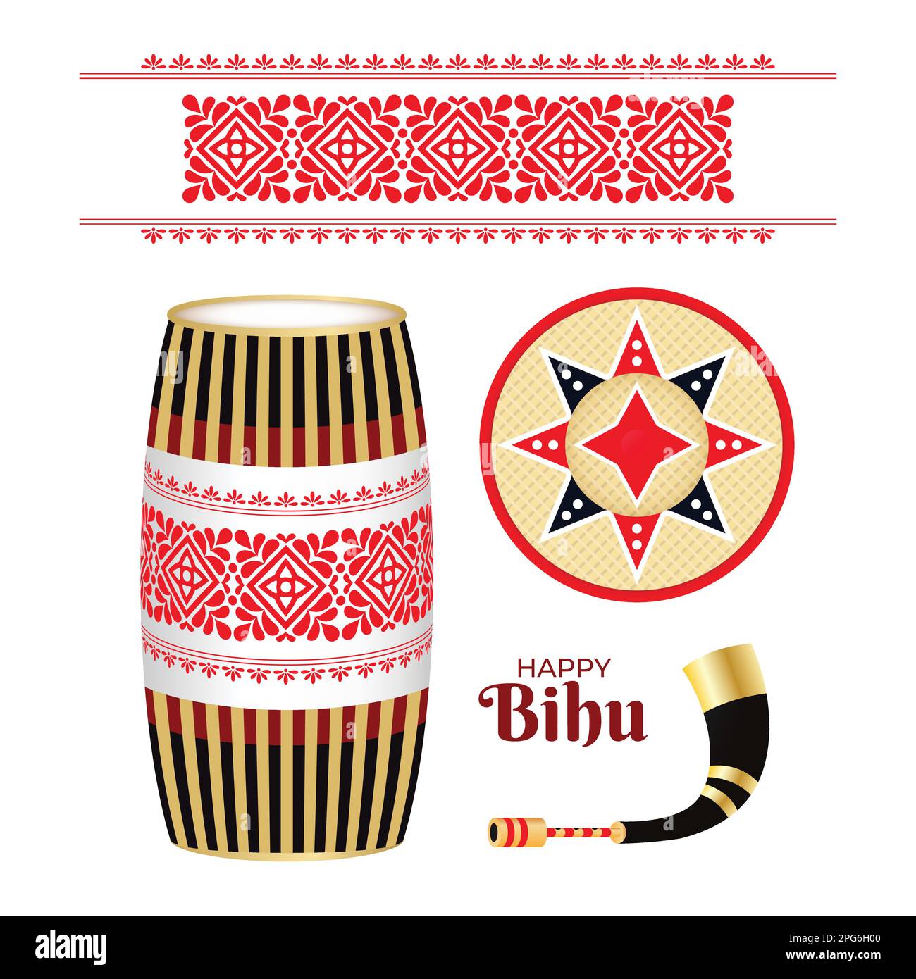 Felice anno nuovo Bihu Assam. India tradizionale Harvest Festival Graphic Resource Vector Illustration. Tamburo (onoinya), stampa tessuto, corno (pepa), cappello Illustrazione Vettoriale