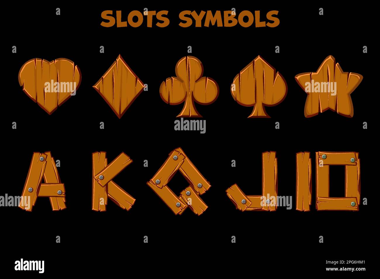 Set di simboli isolati di slot in legno, icone casinò Illustrazione Vettoriale