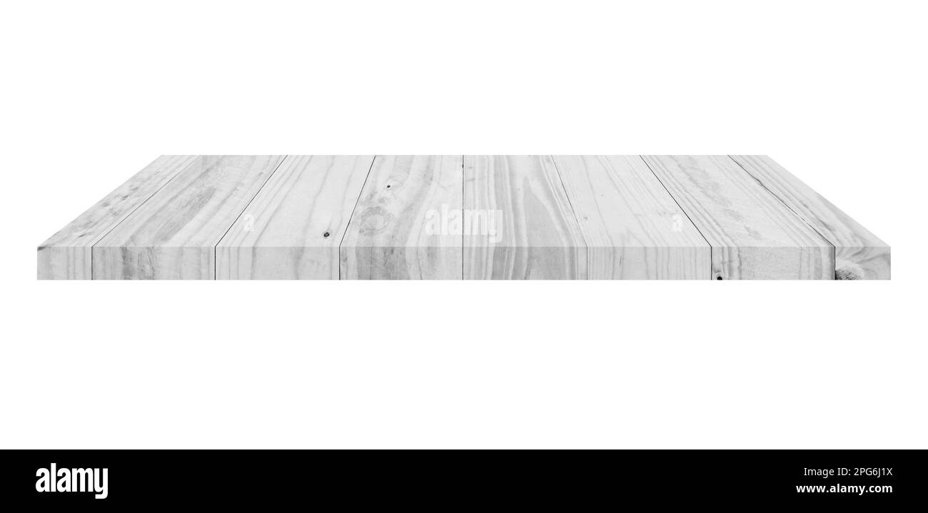 Ripiano in legno su fondo bianco isolato con spazio Foto Stock