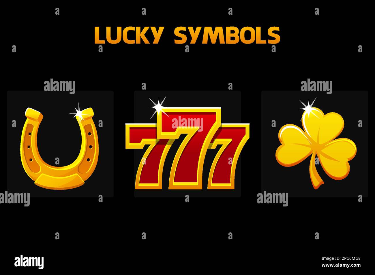 Simboli fortunati - sette, trifoglio e ferro di cavallo. Icone d'oro per slot e giochi da casinò Illustrazione Vettoriale