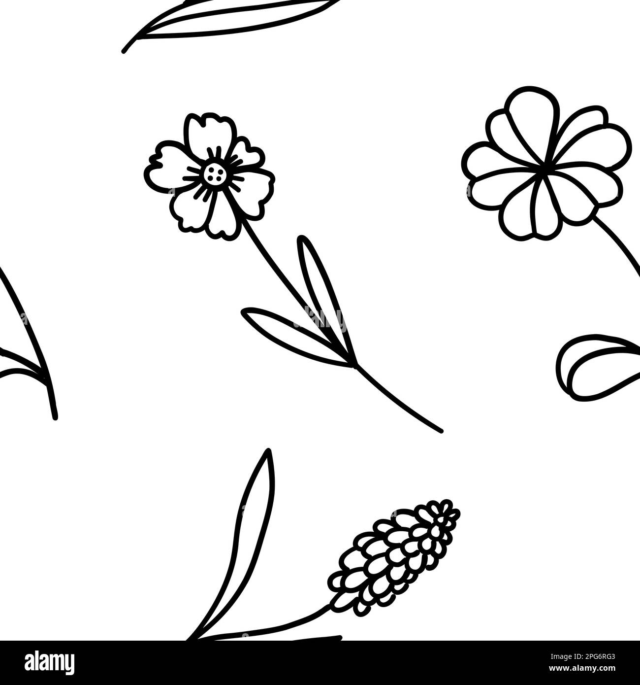 Fiore senza cuciture tessuto modello. Semplice elemento floreale pianta disegno decorativo. Linea disegnata a mano art. Contorno stile piatto doodle. Schizzo creativo. Vettore Illustrazione Vettoriale