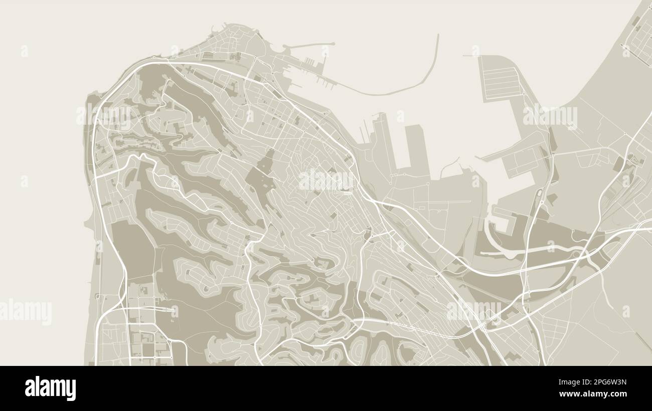 Sepia Haifa mappa vettoriale di sfondo, strade e cartografia acqua illustrazione. Proporzioni widescreen, roadmap digitale con design piatto. Illustrazione Vettoriale