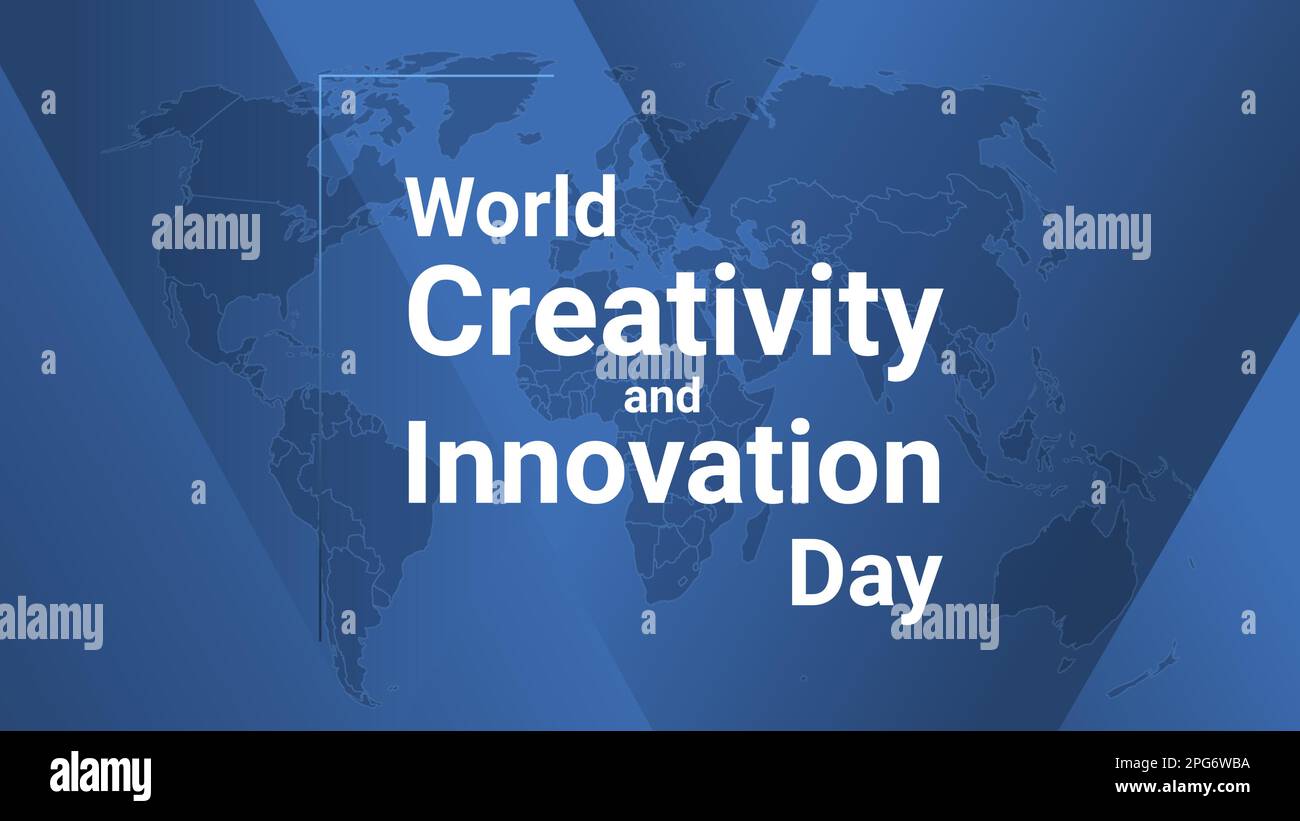 Carta vacanza per la Giornata mondiale della creatività e dell'innovazione. Poster con mappa terrestre, sfondo con linee sfumate blu, testo bianco. Banner dal design piatto. Vettore Illustrazione Vettoriale