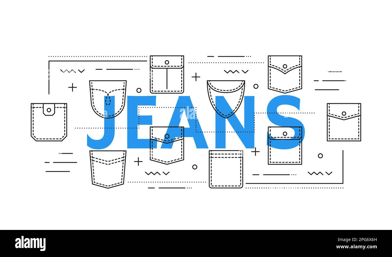 Jeans denim e tasche giacca di pantaloni o motivo cucitura camicia, icone vettoriali. Abbigliamento e abbigliamento forme tascabili, jeans denim e giacca fabr Illustrazione Vettoriale