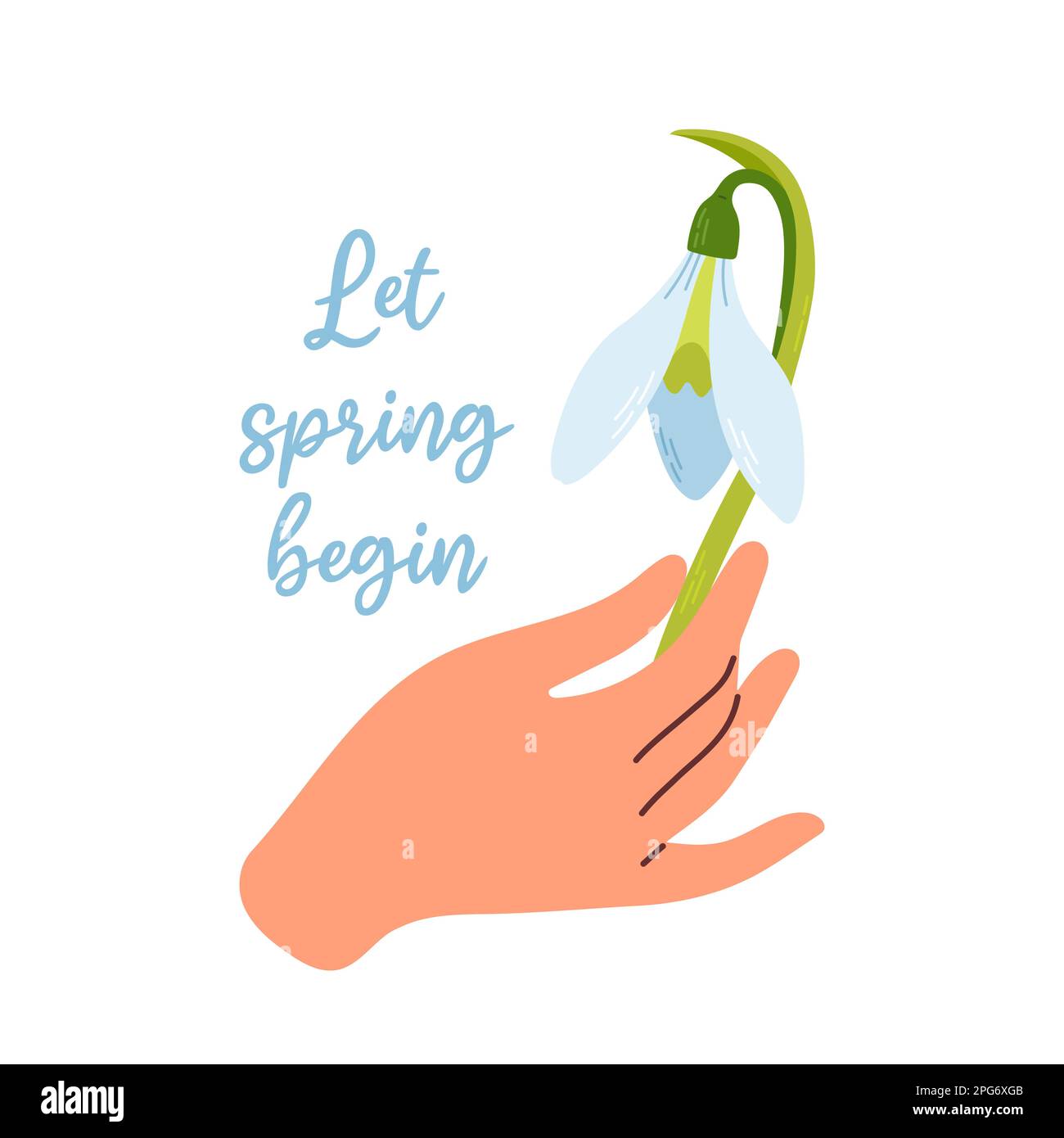 Snowdrop in mano. Illustrazione di fiore, tenendo da mano di donna. Lasciare che la molla inizi. Elementi di design floreali. Illustrazione Vettoriale