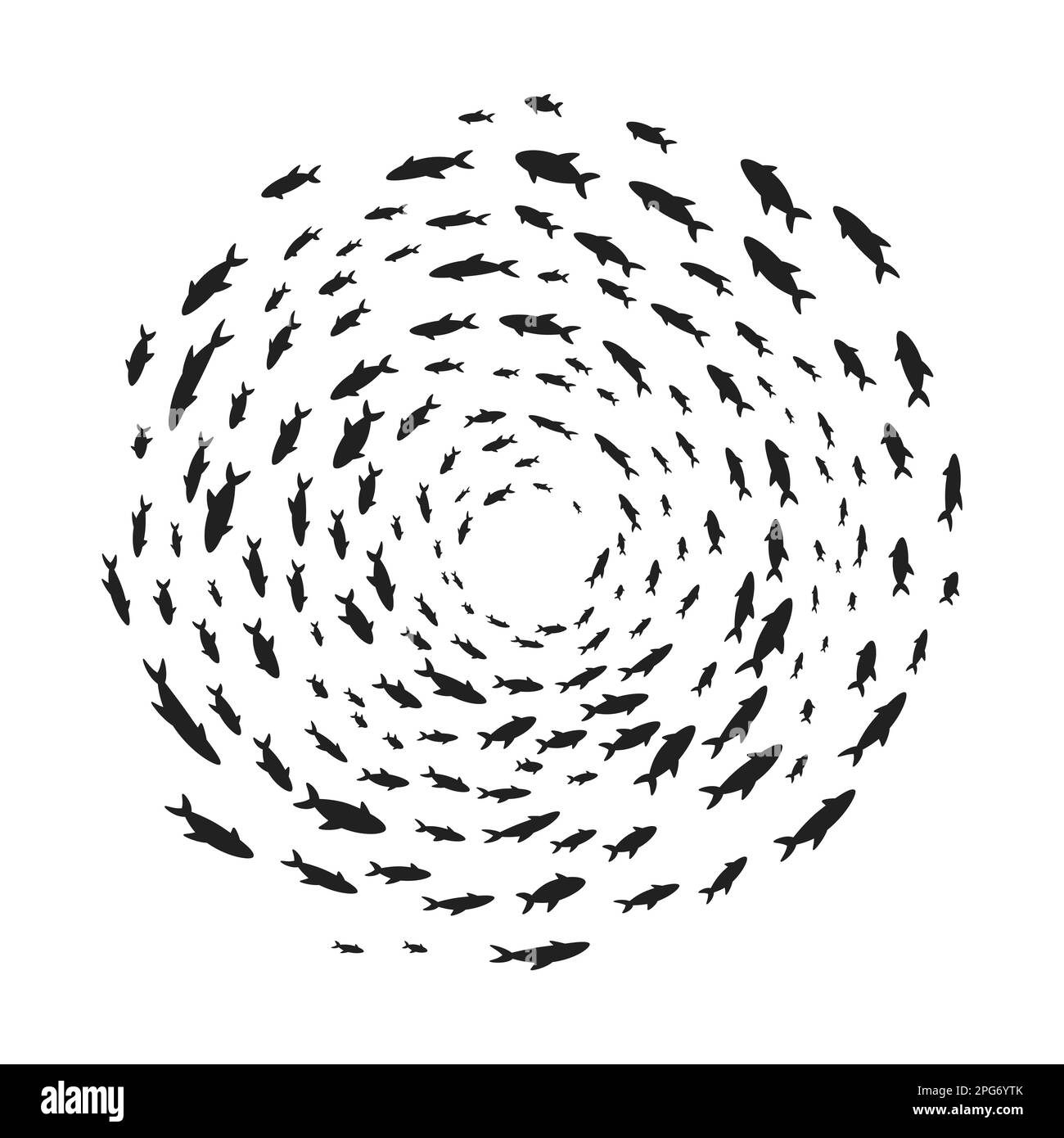 Sagome scuola di pesce con vita marina di varie dimensioni nuoto pesci in cerchio piatto stile disegno vettoriale illustrazione. Colonia di grandi e di smal Illustrazione Vettoriale