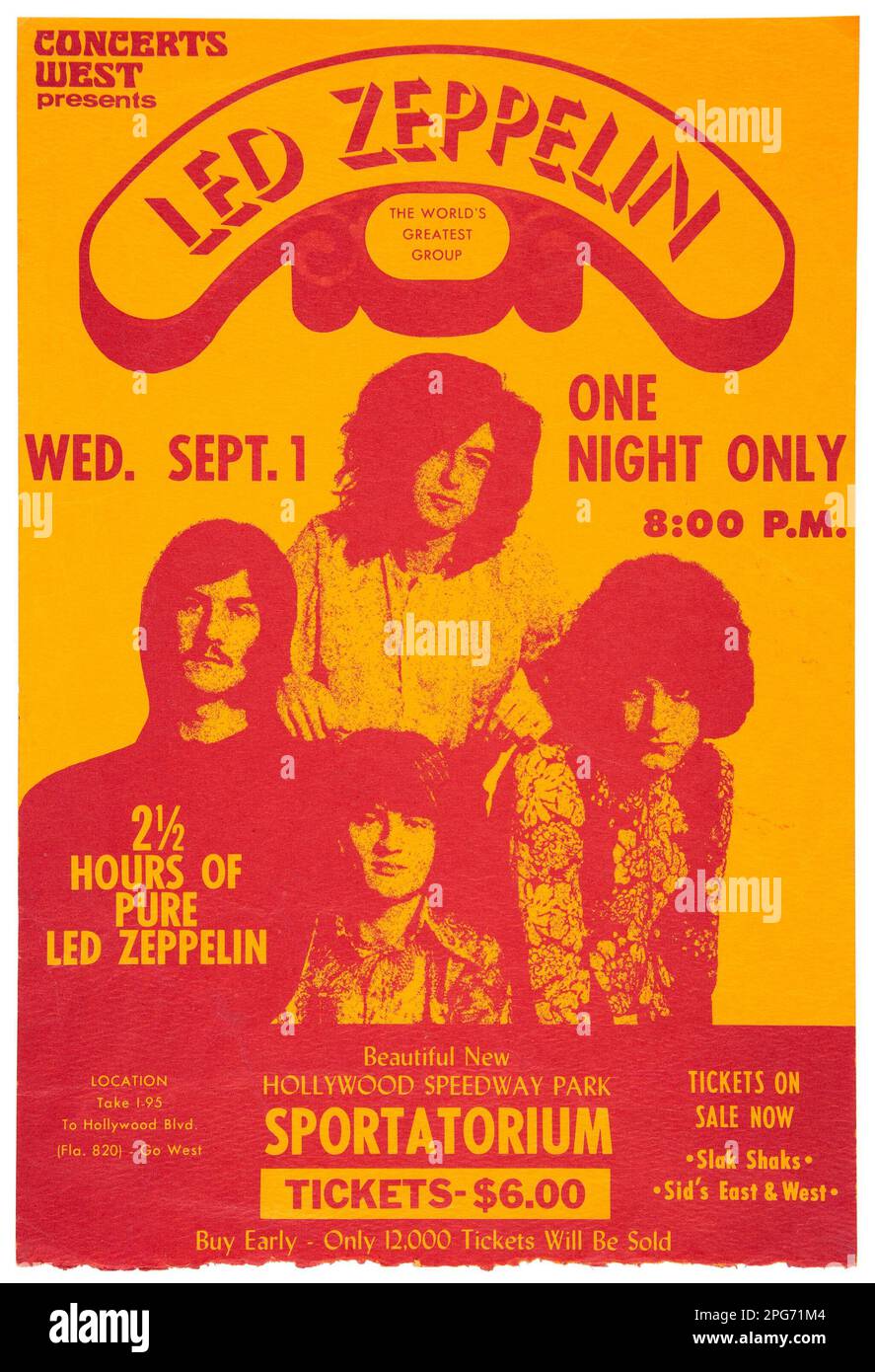 LED Zeppelin 1971 Hollywood Speedway Park Sportatorium, Florida Concert Handbill. Un volantino per concerti che pubblicizza Jimmy Page, Robert Plant, John Paul Jones e John Bonham Foto Stock