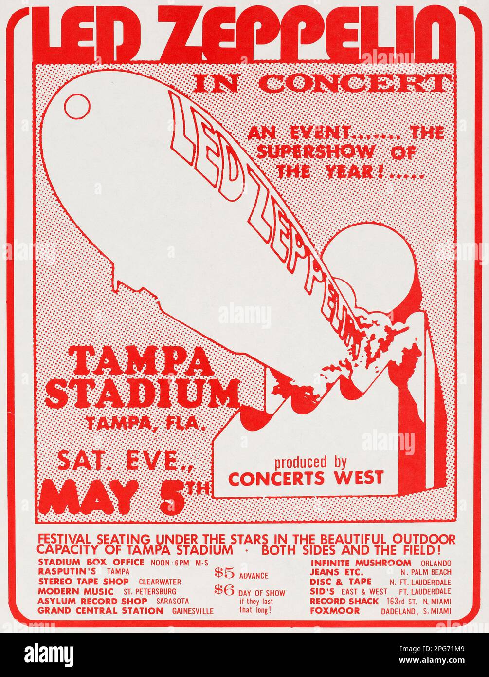 Poster Vintage / Flyer - Zeppelin LED in concerto - Concerto allo stadio Tampa - Handbill (1973) Foto Stock