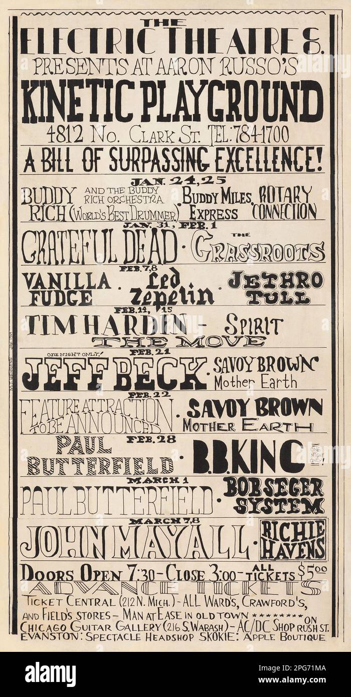 LED Zeppelin, Grateful Dead, Jeff Beck, BB King, John Mayall, Jethro Tull, Vanilla Fudge, Tim Hardin, Paul Butterfield, Bog Seger, Richie Havens ecc. 1969 teatri elettrici Kinetic Playground Chicago, Illinois Concert Poster Foto Stock