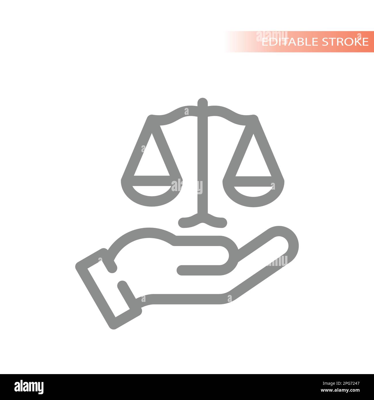 Icona della linea delle scale di peso per mani e giustizia. Legge, simbolo di contorno legale. Illustrazione Vettoriale