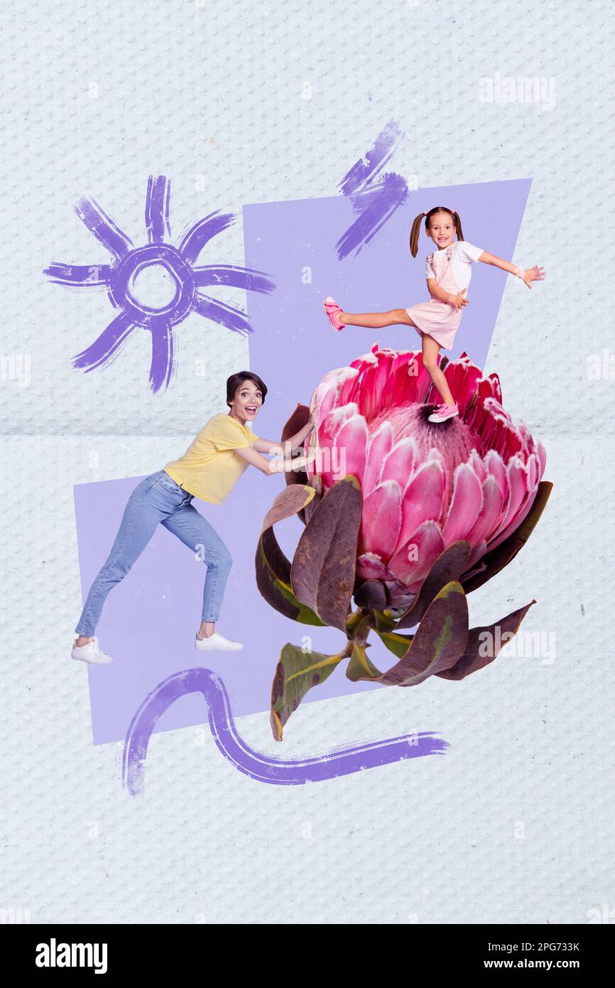 Creative cartolina collage madre giorno vacanza famiglia piccola scolaretta figlia danza celebrare spingere fresco fiore isolato su sfondo blu Foto Stock